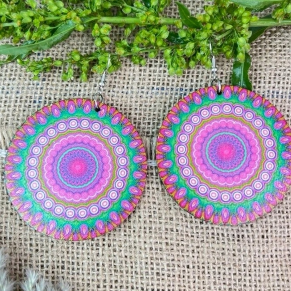 NEW Colorful Round Wood Earrings